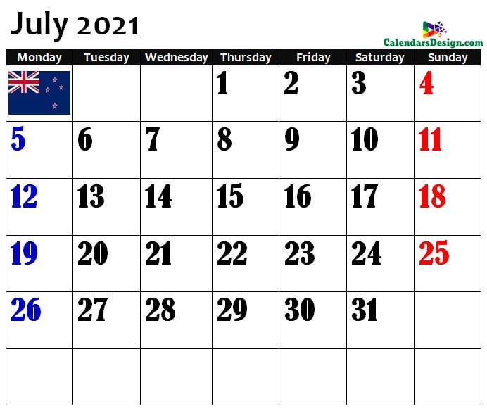 July 2021 New Zealand Calendar