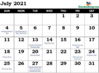 July Calendar 2021 Holidays