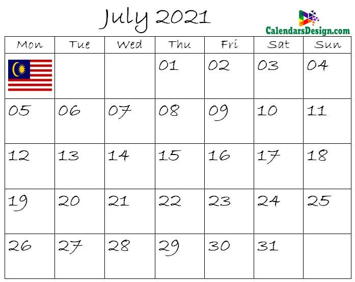 July Calendar 2021 Malaysia
