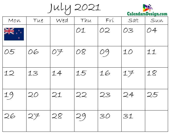 July Calendar 2021 New Zealand