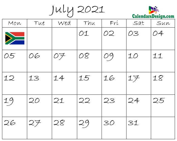 July Calendar 2021 South Africa
