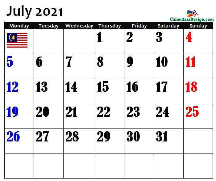 July Malaysia Calendar 2021