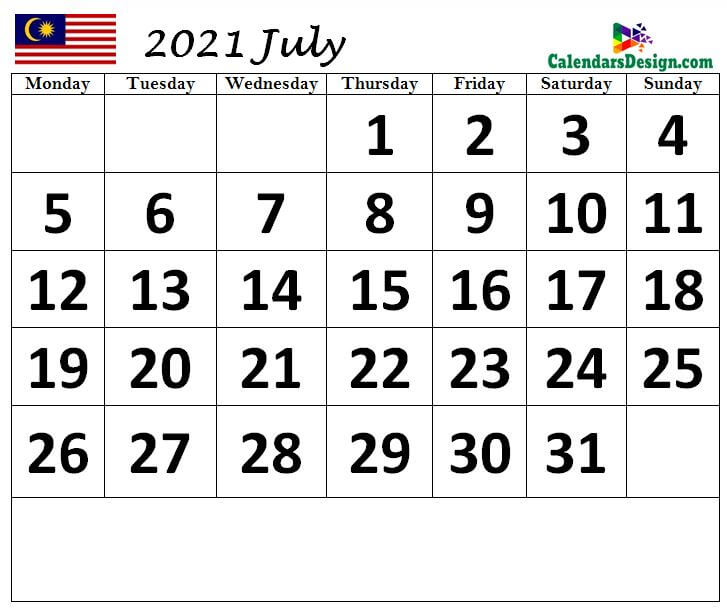 Malaysia July 2021 calendar