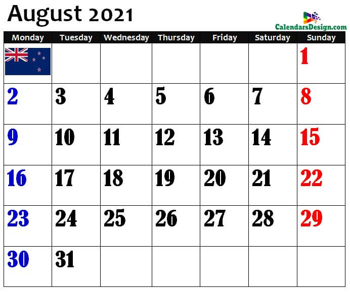 NZ Aug 2021 calendar
