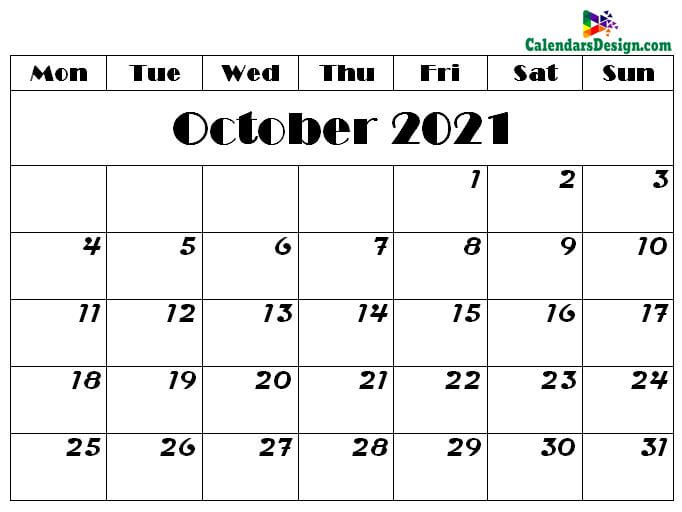 October 2021 Calendar Printable