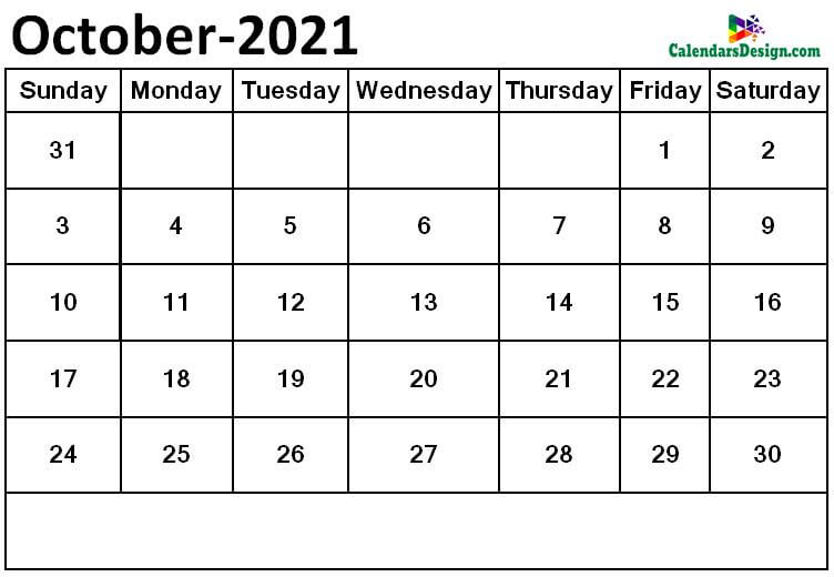 October 2021 Monthly calendar