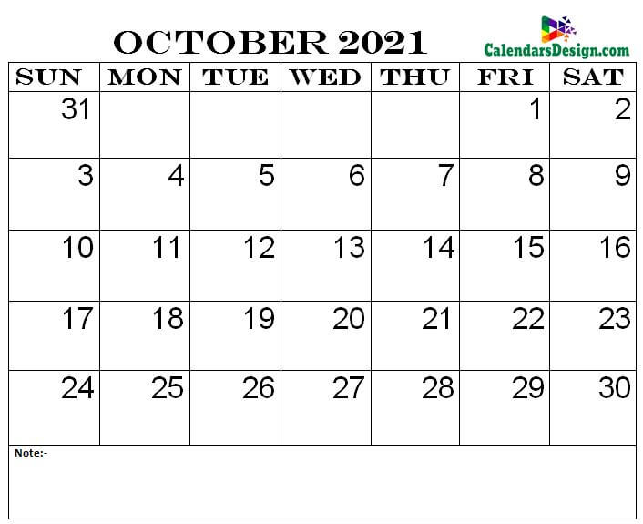 October 2021 printable calendar pdf