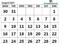 Print August 2021 Calendar in Page Format