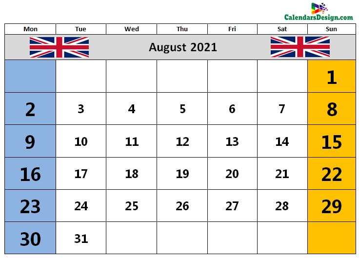 UK August 2021 calendar