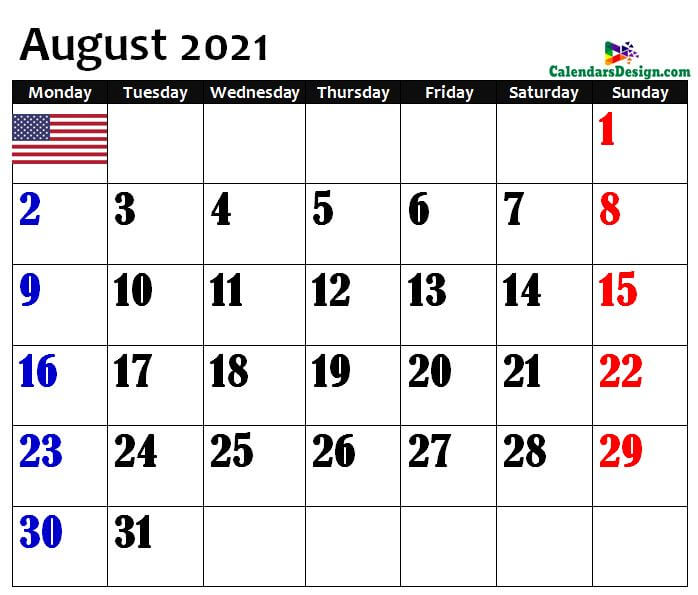 USA August 2021 calendar