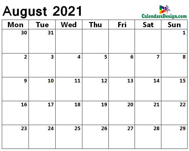 monthly August 2021 blank calendar