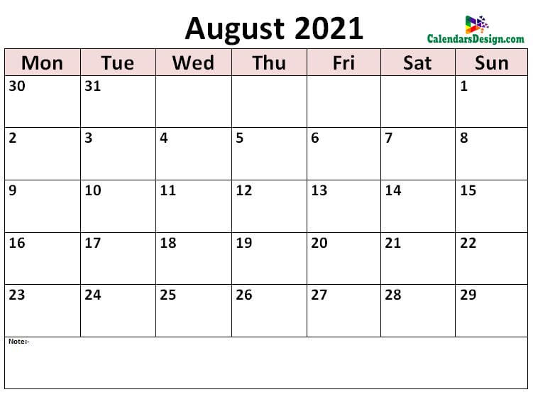 print August calendar 2021