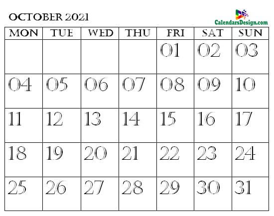 2021 October Printable Calendar PDF
