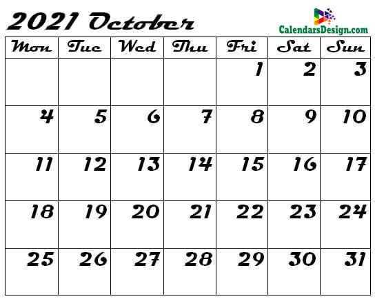 Blank Calendar for October 2021