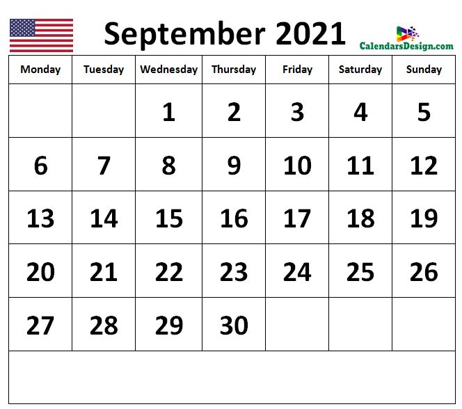 Calendar for September 2021 US