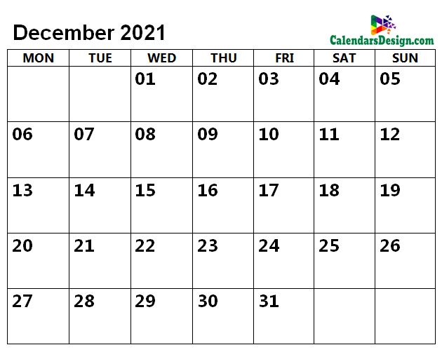 December 2021 calendar with large space