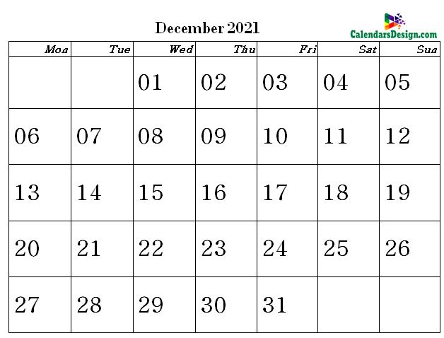 December 2021 word calendar download