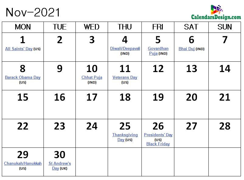 November 2021 Calendar Canada With Holidays