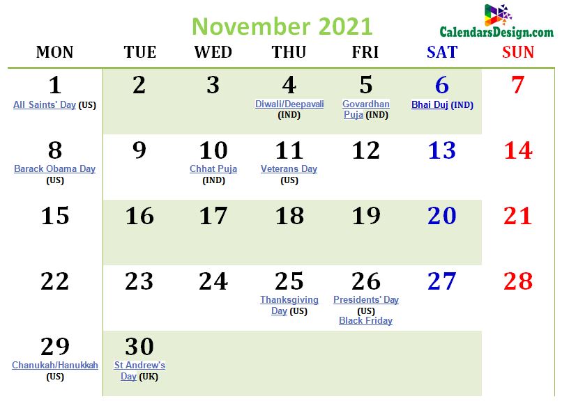 November 2021 Calendar USA With Holidays