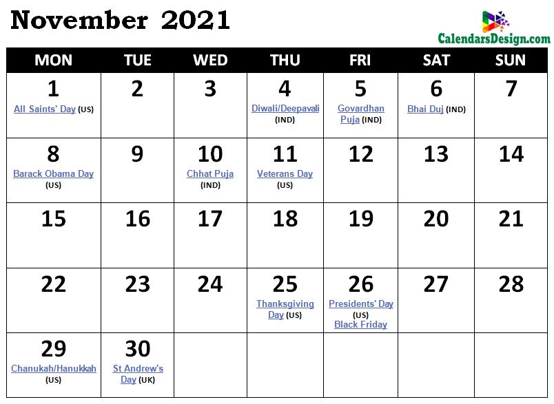 November Calendar 2021 Holidays