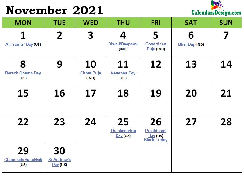 November Calendar 2021 India with Festivals