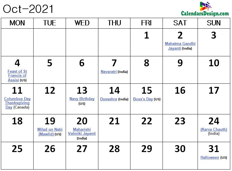 October 2021 Calendar Canada With Holidays