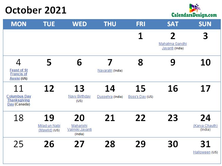 October 2021 Calendar With Holidays Printable