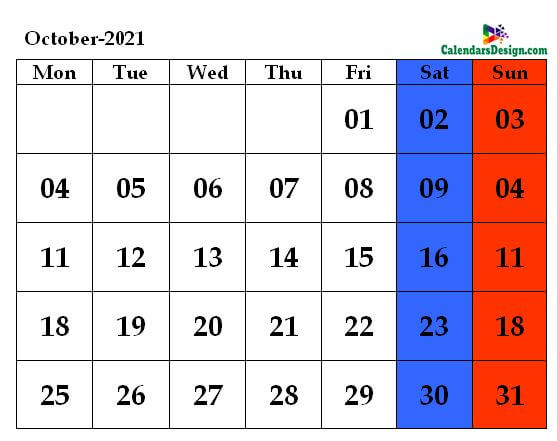 October 2021 calendar pdf download