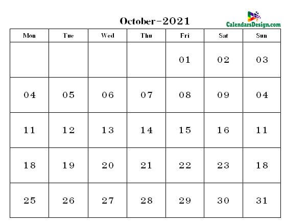 October Calendar 2021 PDF