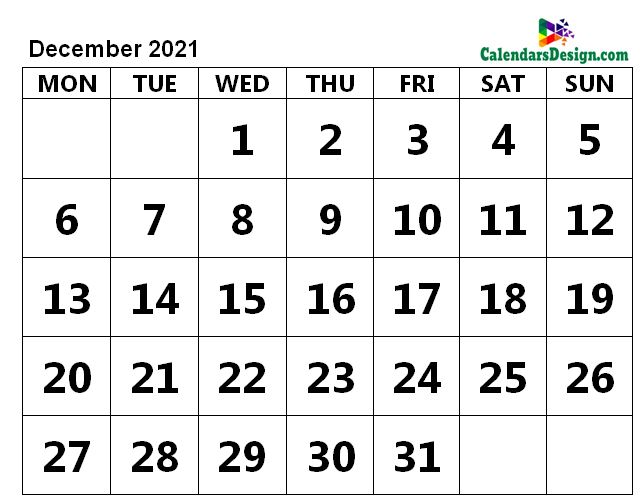 Print December 2021 Calendar in Page Format