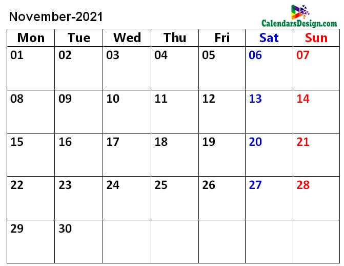 Print November 2021 Calendar in Page Format