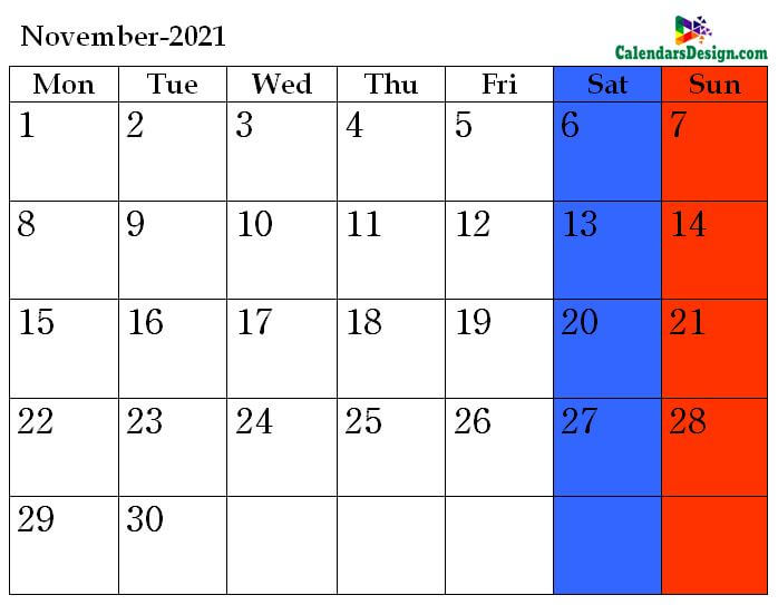 Printable Calendar for November 2021 PDF