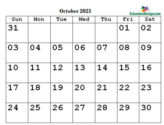 Printable Calendar for October 2021 PDF