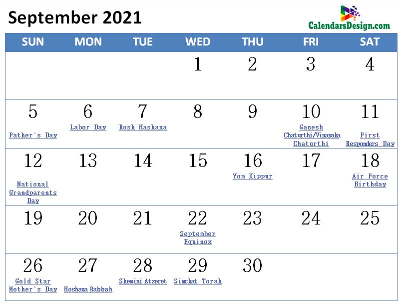 September 2021 Calendar With Holidays Printable