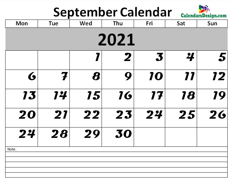 September Calendar 2021 in Excel Format