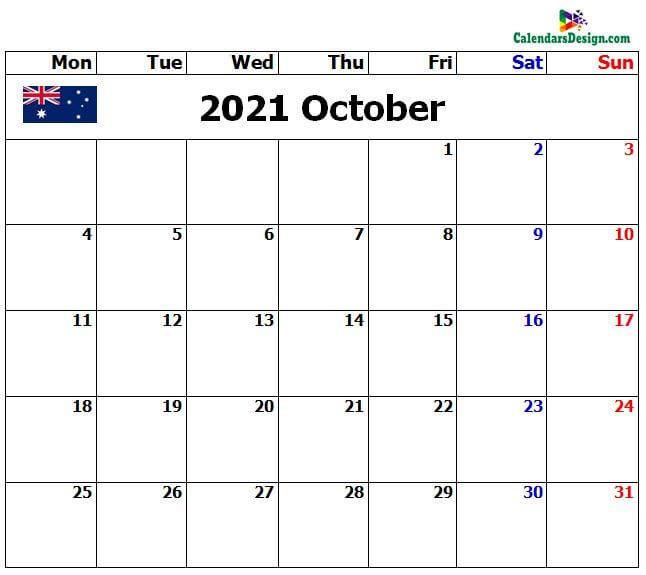 2021 October Calendar Australia