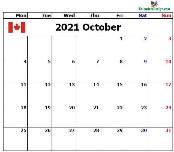 2021 October Calendar Canada