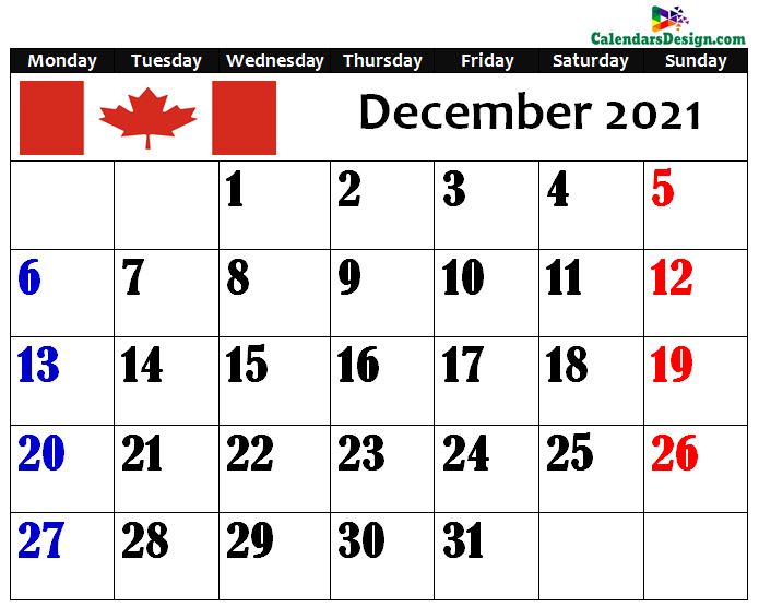 Calendar for December 2021 Canada