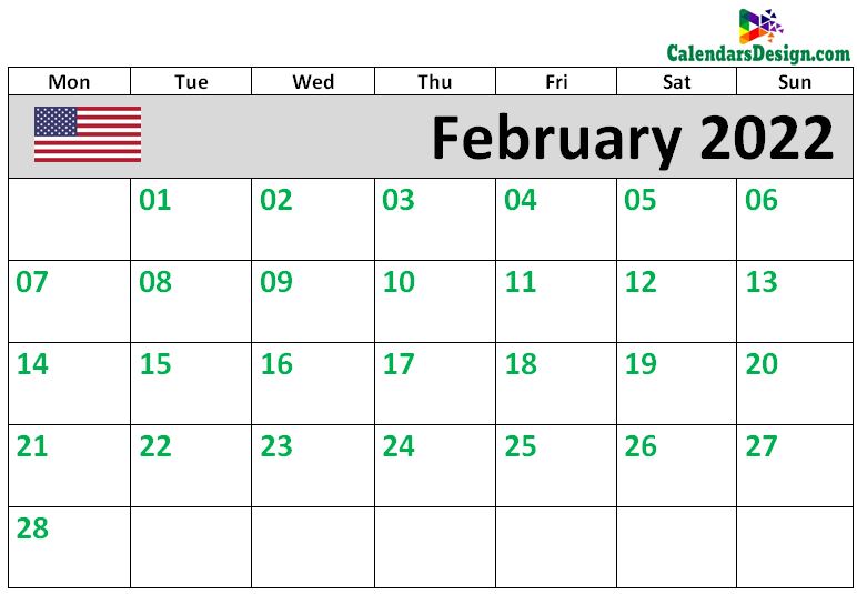 Calendar for February 2022 US