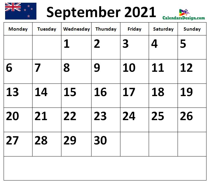 Calendar for September 2021 NZ