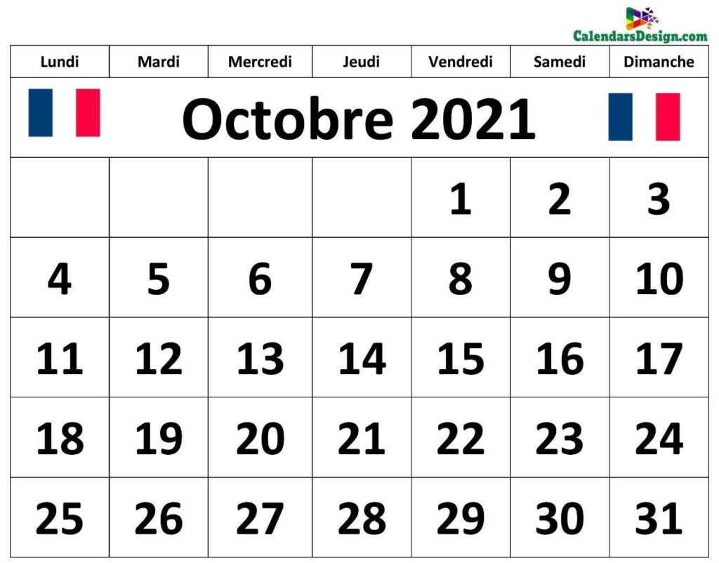 Calendrier français d'octobre 2021
