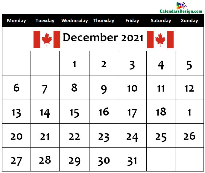 December Calendar 2021 Canada