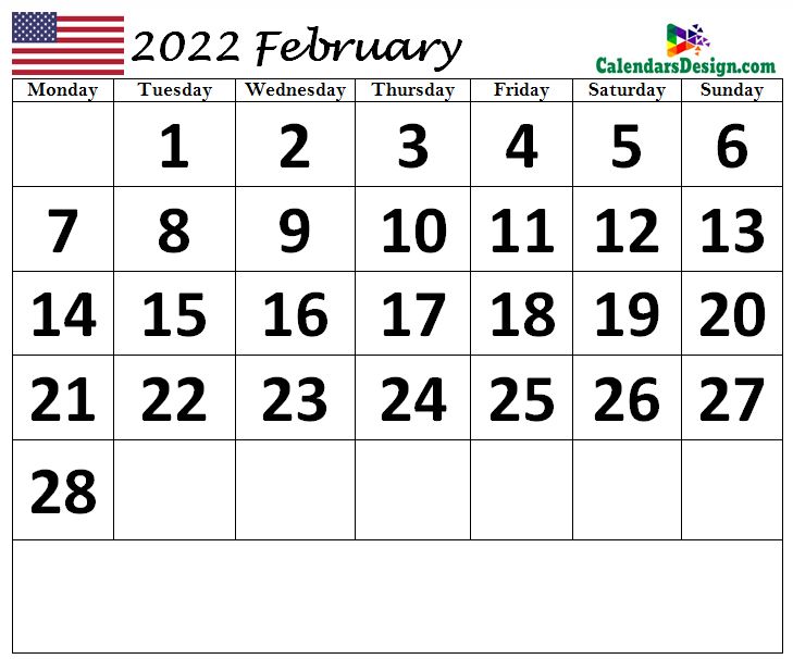 February Calendar 2022 USA With Holidays