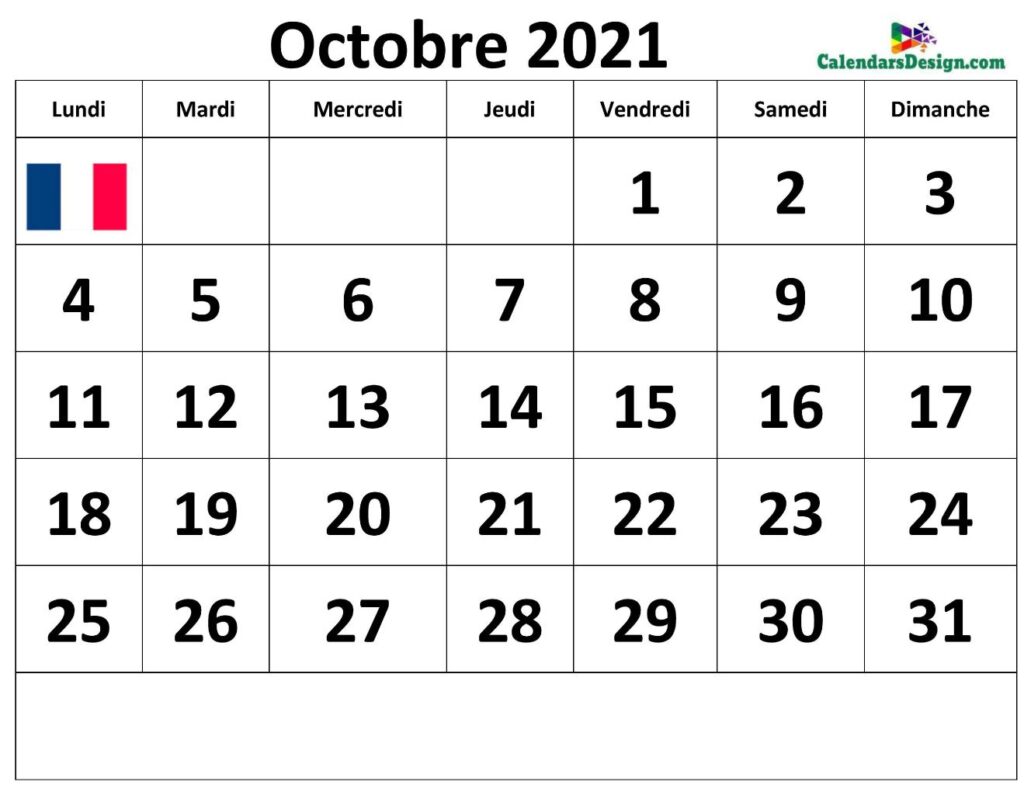 Modèle de calendrier pour octobre 2021