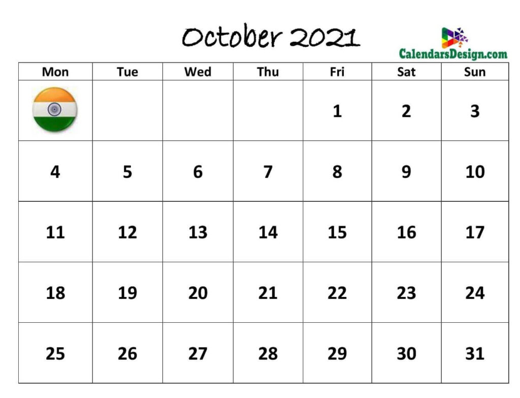 October 2021 Calendar India with Festivals