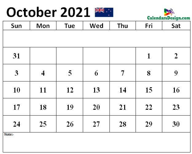 October 2021 Calendar NZ with Notes