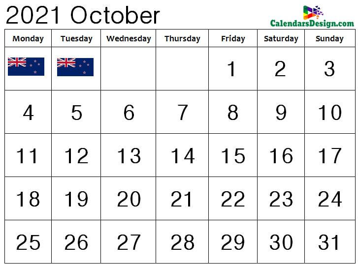 October Calendar 2021 New Zealand
