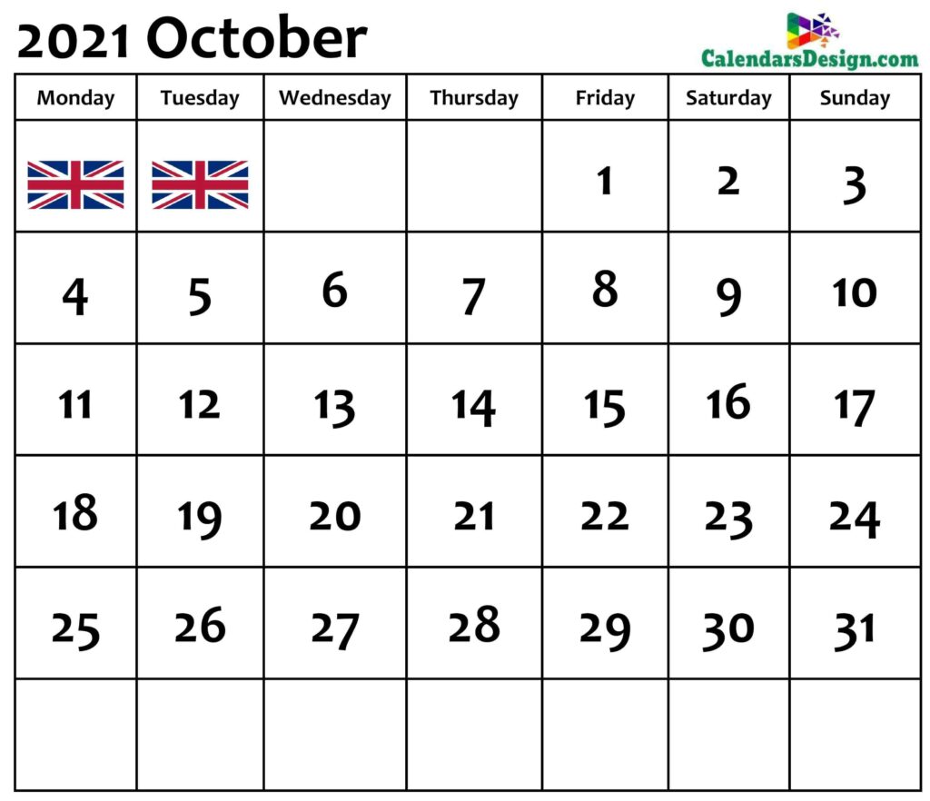 October Calendar 2021 UK