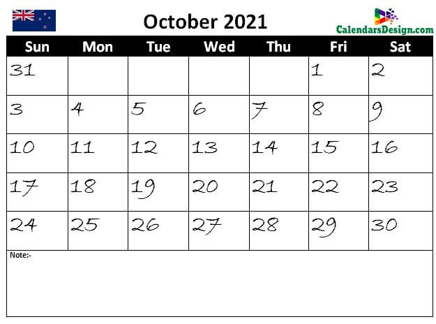 October calendar 2021 NZ