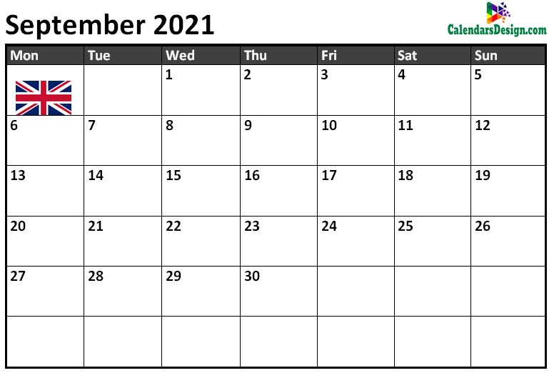 September Calendar 2021 UK With Holidays